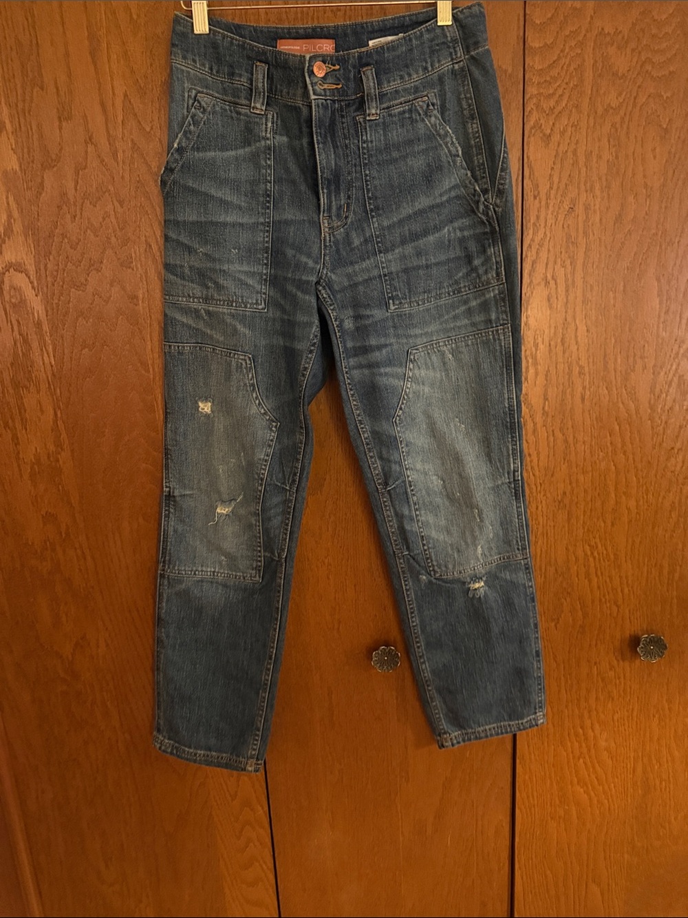 Pilcro Womens Dark Blue Relaxed Patchwork Jeans